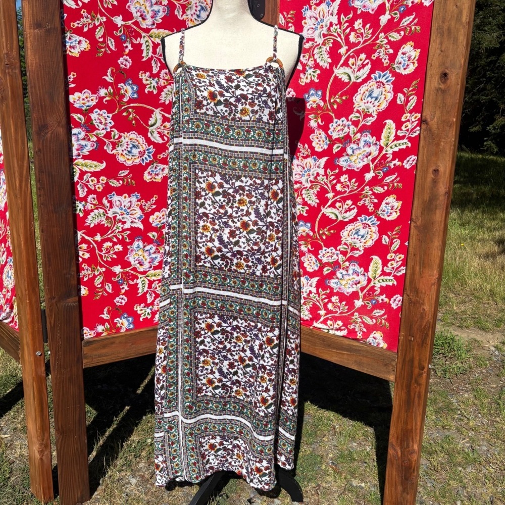 Floral Boho Square Neck Maxi Shift Prairie Cottagecore Sun Dress Size L